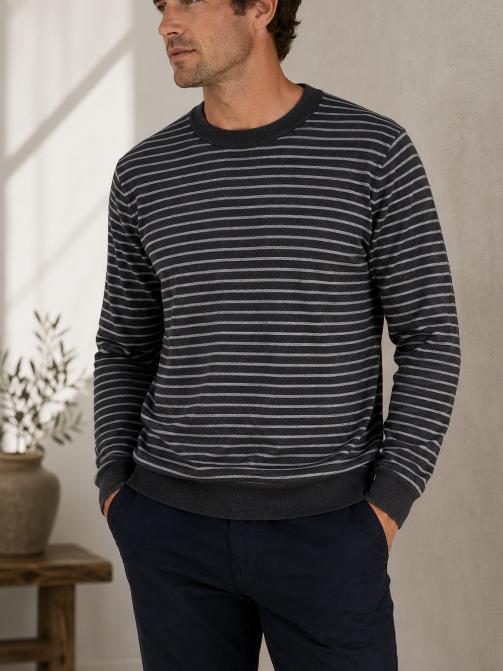 Banana Republic 100% Merino Wool Striped Crewneck Sweater Gray XL Soft Luxury